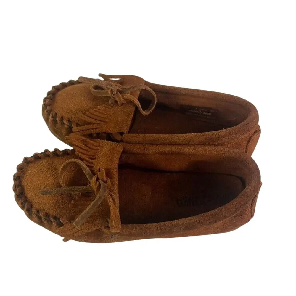 MINNETONKA Moccasin Casual Shoes Youth Kids US 2 Brown Suede Slip On Fringe 2402